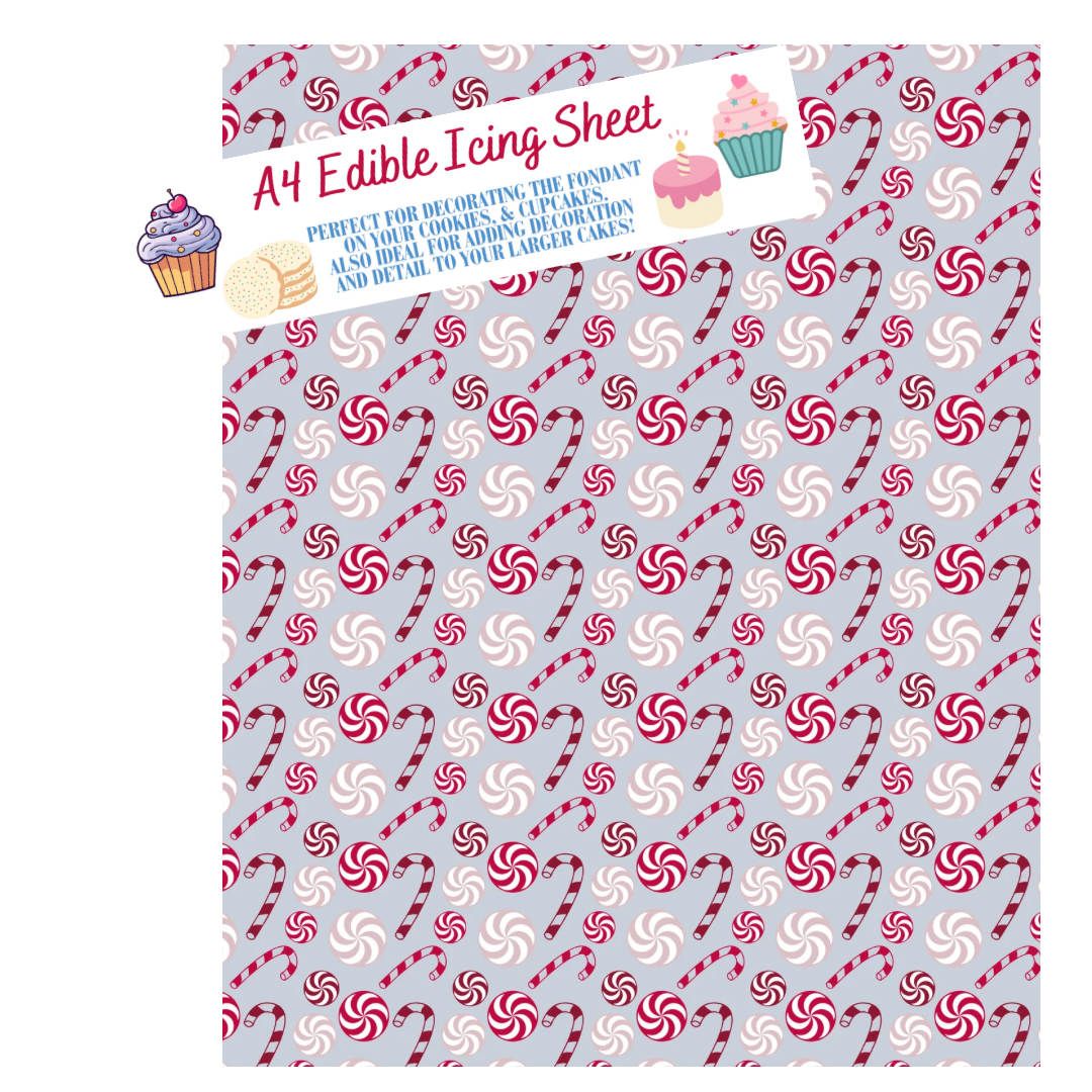 A4 Candy Canes and Swirls Printed Edible Icing Sheet - Cake Wrap, Cookie and Cupcake Decor