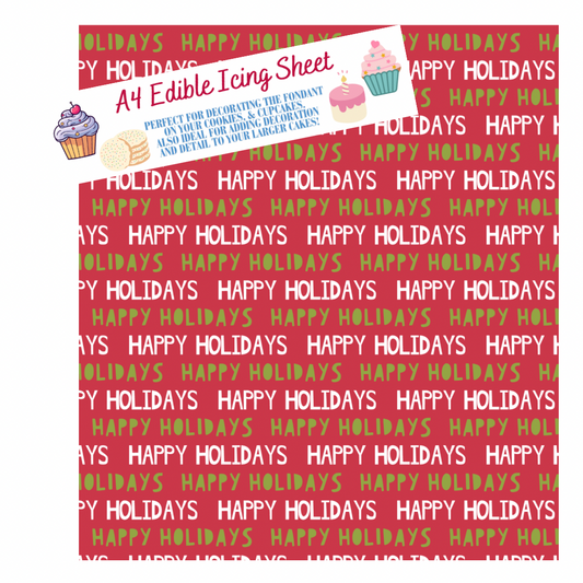 A4 Happy Holidays Red Festive Printed Edible Icing Sheet - Cake Wrap, Cookie and Cupcake Decor