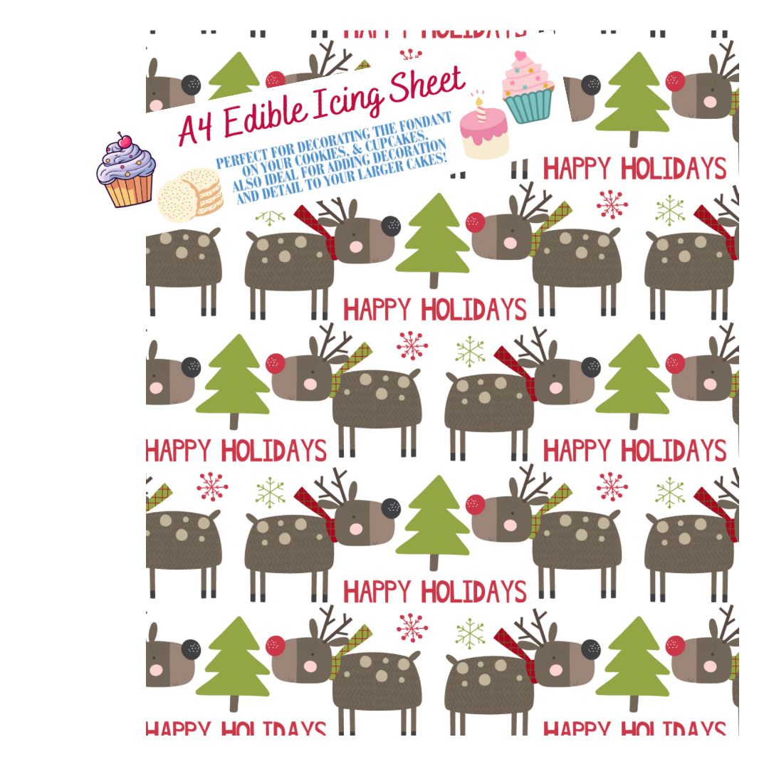 A4 Happy Holidays Cute Reindeer Festive Printed Edible Icing Sheet - Cake Wrap, Cookie and Cupcake Decor