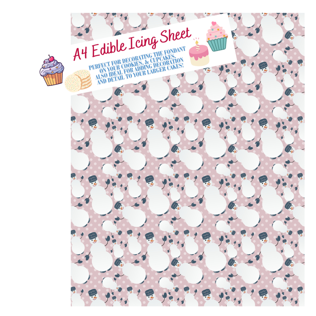 A4 Pink Snowmen Printed Edible Icing Sheet - Cake Wrap, Cookie and Cupcake Decor