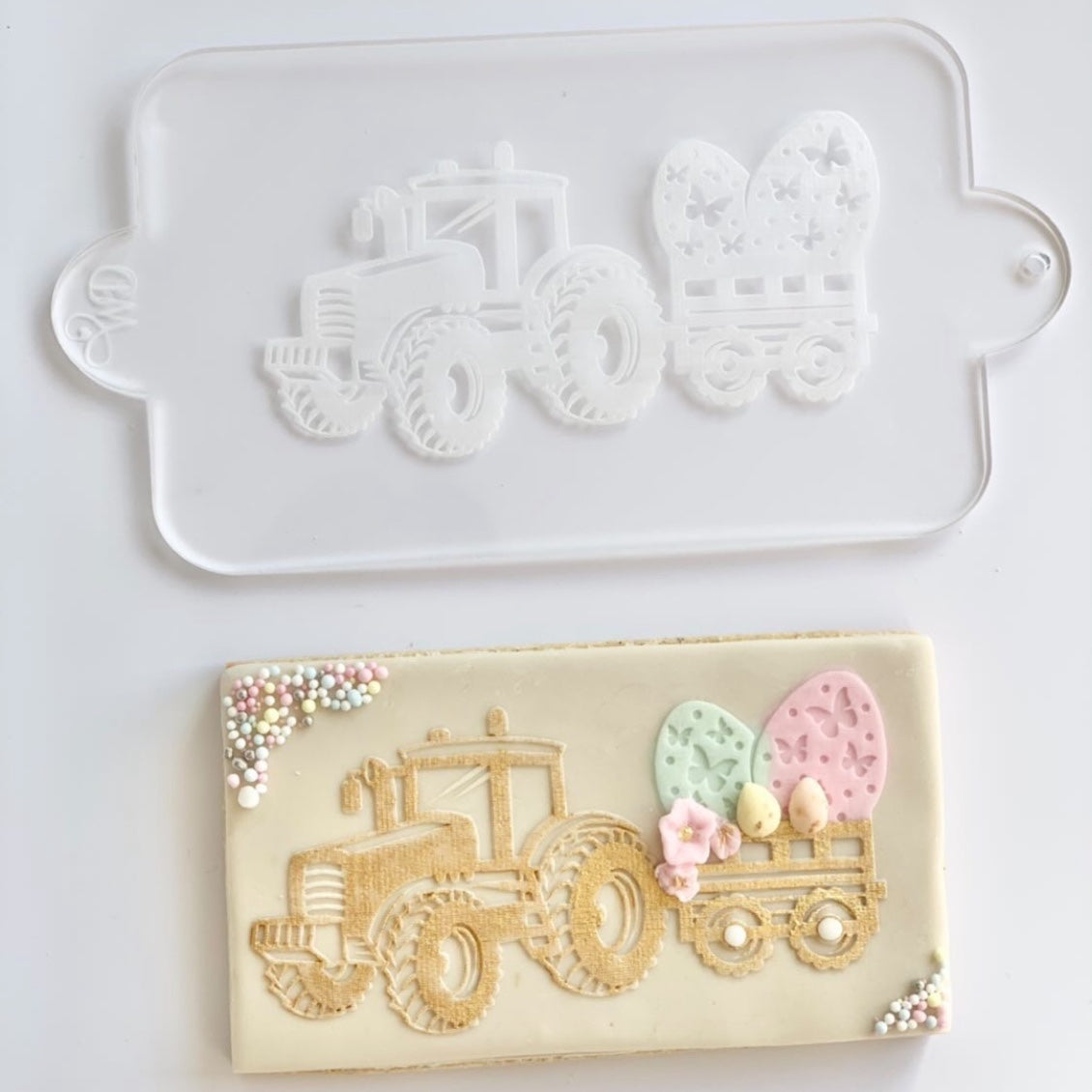 Tractor Pulling Easter Eggs Embosser and Cookie Cutter Set.