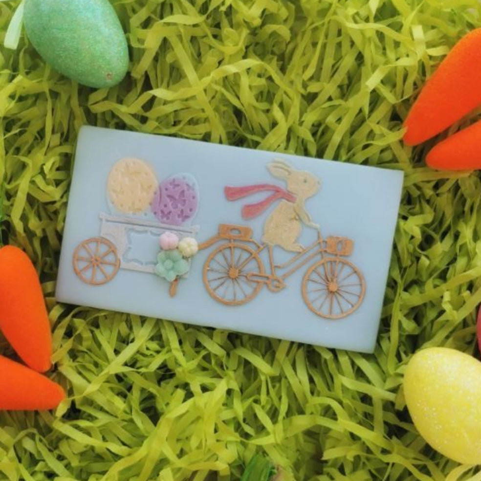 Bunny on Bicycle Pulling Easter Eggs Embosser and Cookie Cutter Set.