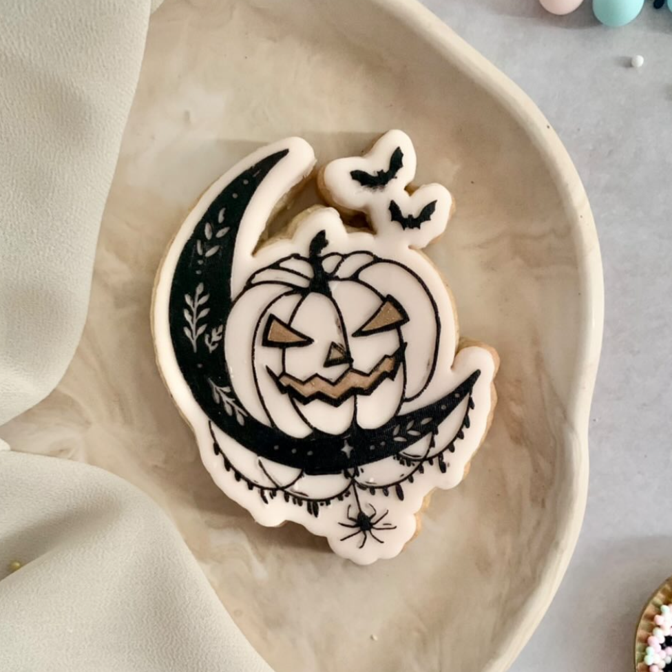 Pumpkin on Floral Crescent Moon Embosser and Cookie Cutter Set.